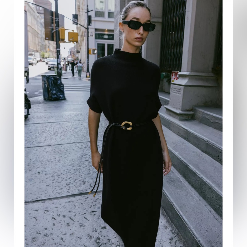 ZARA Women’s Black Knit Belted Dress, M NWT